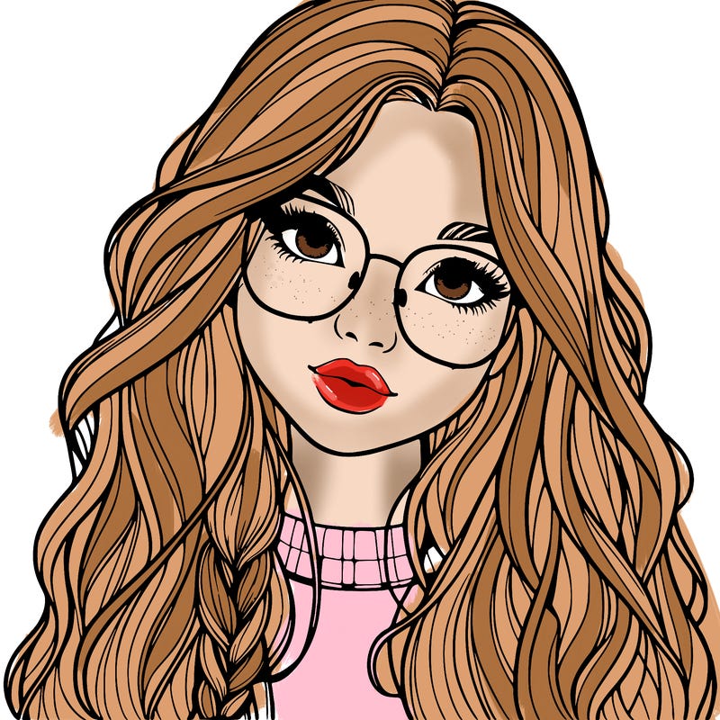 girl with long hair and freckles and glasses realistic