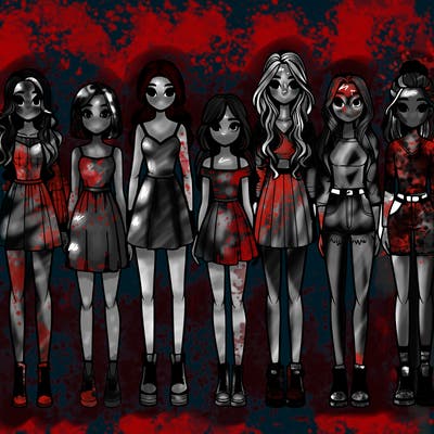 seven realistic girls standing up next to each other