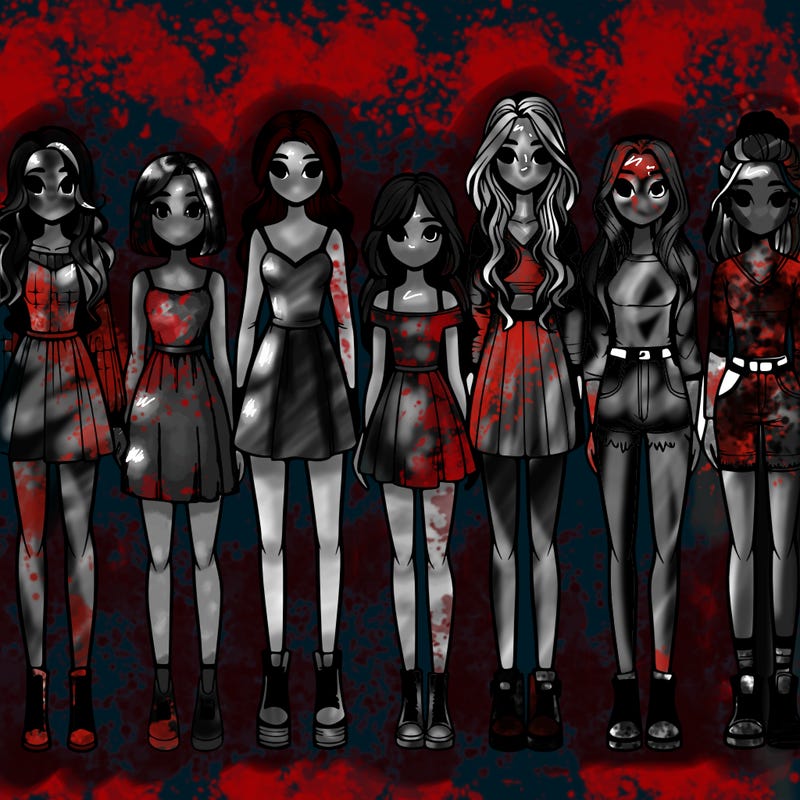 seven realistic girls standing up next to each other