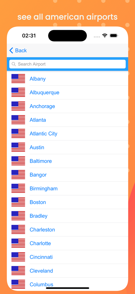 A list of American airports with US flags in the Delta Airlines Air Sonar mobile application