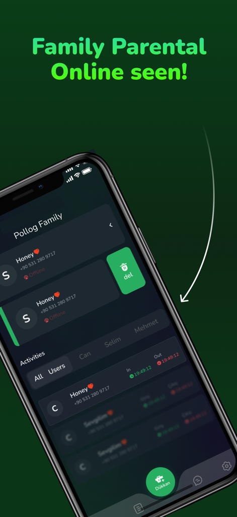 Pollog - Family Online Tracker - Pollog app interface showing real-time family online status and activity reports with time logs.