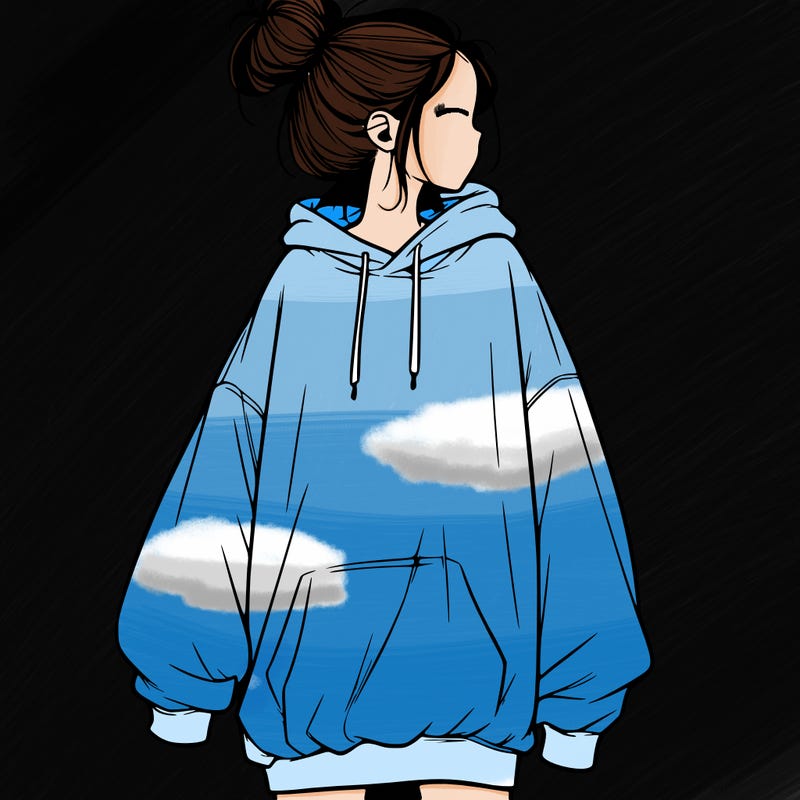 realistic girl with a oversized sweatshirt on and a bun