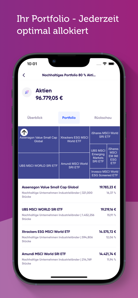 quirion – digitale Geldanlage - Smartphone screen displaying a digital investment portfolio with diverse ETFs and real time account balances