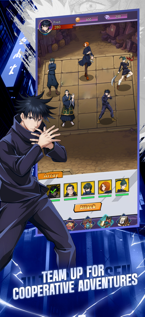 Jujutsu Legacy Clash gameplay screen featuring character team up for adventures