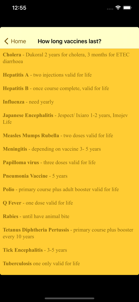A screen showing a list of common travel vaccines and how long their protection lasts