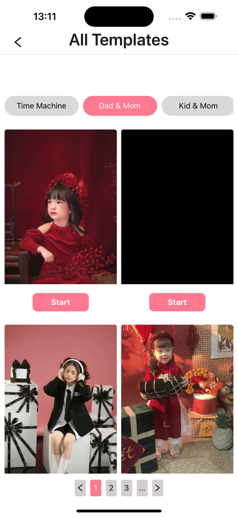 Watch Me Grow Baby Generator - Interface showing various AI baby photo templates and categories like Dad and Mom or Kid and Mom.