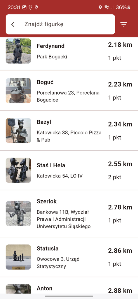 A list of Bebok sculptures with their names locations and distances in the Slaskie Beboki app