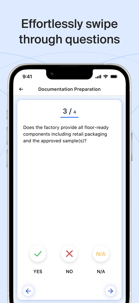 Interface do aplicativo Inspectorio QRM mostrando um questionário de preparação de documentação com opções Sim, Não e N/A