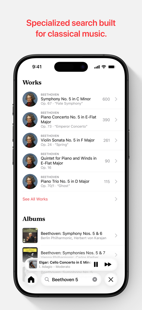 Apple Music Classical app search results for Beethoven showing specialized categories for works and albums