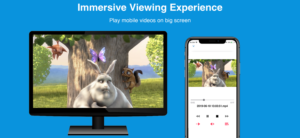 A smartphone screen mirroring an animated video to a large television using the EZCast app