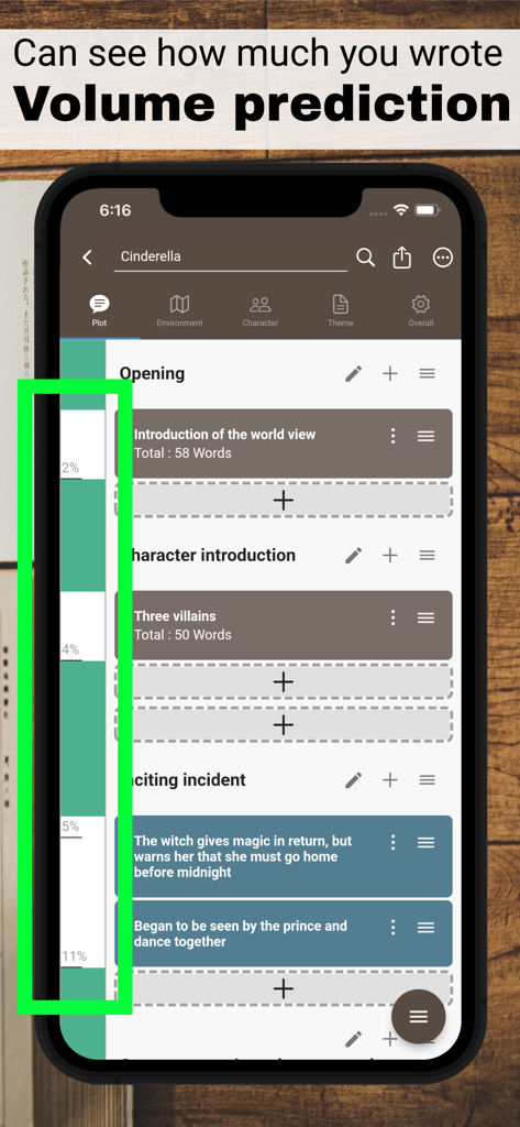 A mobile app interface displaying a story outline with volume prediction percentages for different plot points like opening and character introduction.