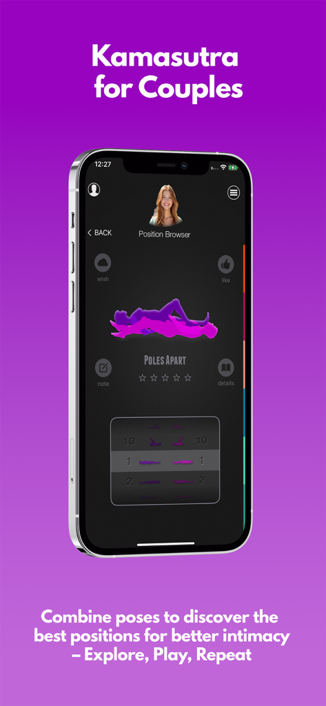 A mobile interface for the 101 Positions of KamaSutra app showing the position browser and unique spinner feature