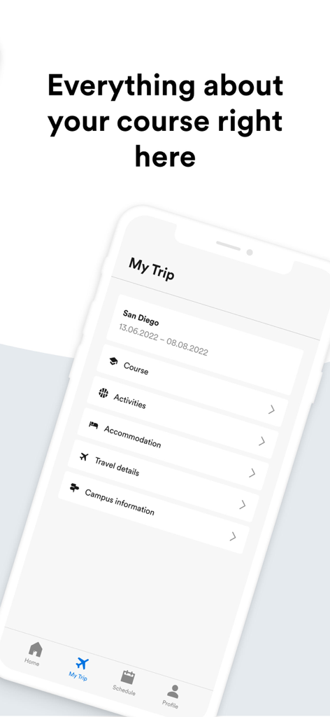 EF Campus Connect app screen showing trip details for San Diego including activities and accommodation