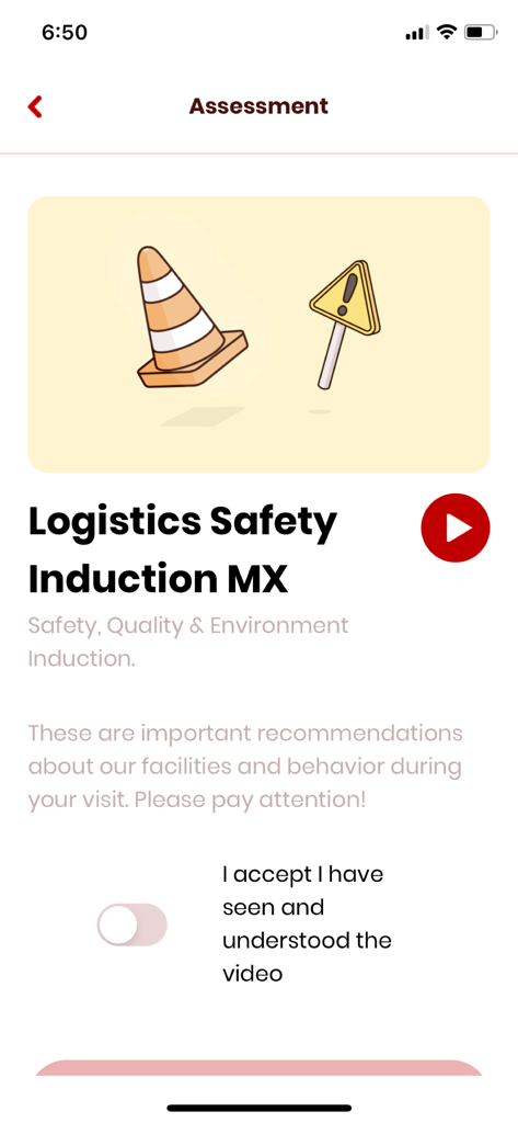 Safety 360 - ABInBev - Pantalla de evaluación para la inducción de seguridad logística que muestra un video de seguridad y un control de cumplimiento