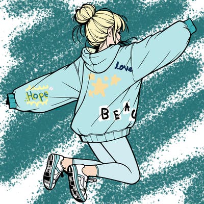 realistic girl jumping with a bun and oversized sweatshirt