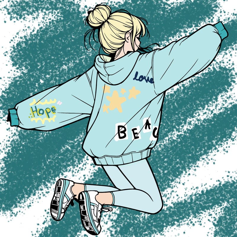 realistic girl jumping with a bun and oversized sweatshirt