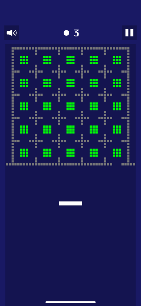 Many Bricks Breaker - A minimalist level in Many Bricks Breaker showing green brick patterns and a white paddle on a dark blue background.