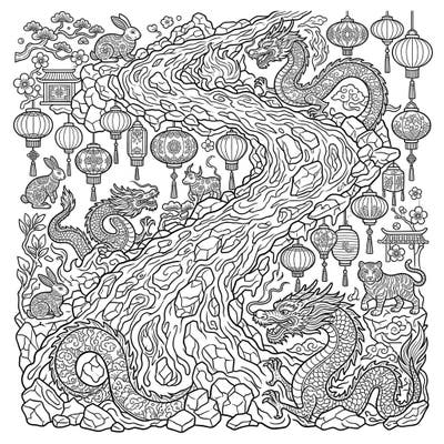 Immerse yourself in the festive spirit of Lunar New Year with this unique coloring page. Featuring majestic dragons, playful zodiac animals, and traditional lanterns set against a captivating A'a flow landscape, it promises hours of creative joy.