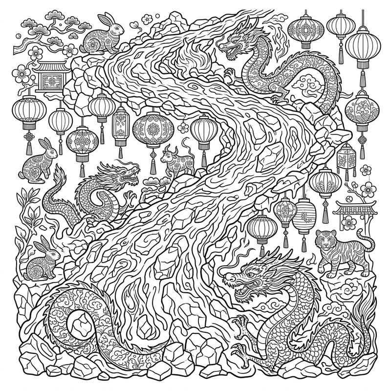 Immerse yourself in the festive spirit of Lunar New Year with this unique coloring page. Featuring majestic dragons, playful zodiac animals, and traditional lanterns set against a captivating A'a flow landscape, it promises hours of creative joy.
