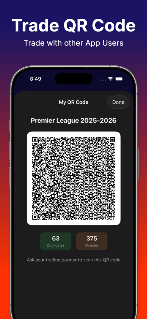 Sticker Collector 26 - Pantalla de la aplicación Sticker Collector 26 que muestra un código QR para intercambiar cromos de la Premier League 2025-2026 con otros coleccionistas