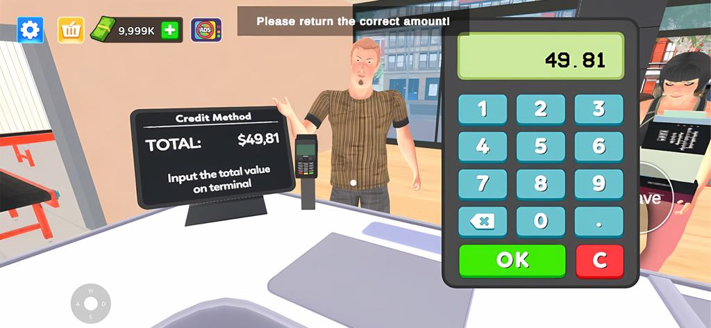 Pack My Orders - A gameplay screenshot of the Pack My Orders simulation showing a player processing a credit card payment at a retail checkout counter