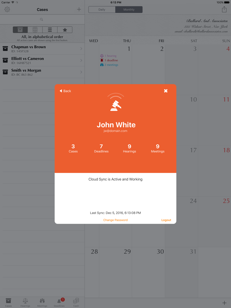 Lawyer's Planner - Lawyer's Planner iPad app showing user profile statistics for cases and deadlines with cloud sync status.