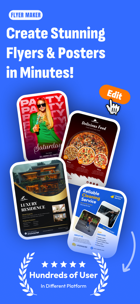 Poster Maker, Flyer Creator - ポスターメーカーとフライヤー作成のアプリインターフェース。中小企業向けの多様なマーケティングテンプレートを表示。