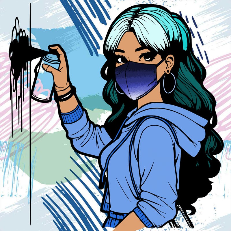 realistic girl with mask spray painting a wall
