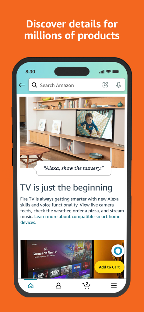 Amazon Shopping - Amazon Shopping app interface showing Fire TV features and Alexa voice control integration for smart home devices