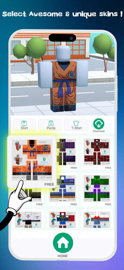 Skins For Roblox - SkiBlox - SkiBlox app screen showing a Roblox character skin preview and free outfit templates.