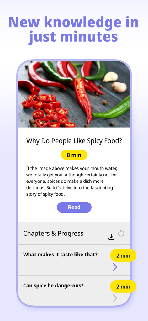 Interface de l'application Nerdish montrant un article sur les aliments épicés avec des temps de lecture courts