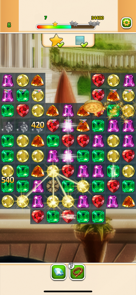 Indy Cat Match 3 Forever - Indy Cat Match 3 puzzle gameplay featuring colorful gems and special effects.