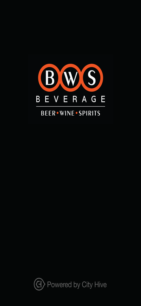 BWS BEVERAGE - BWS Beverage mobile app splash screen featuring the company logo for beer wine and spirits on a black background