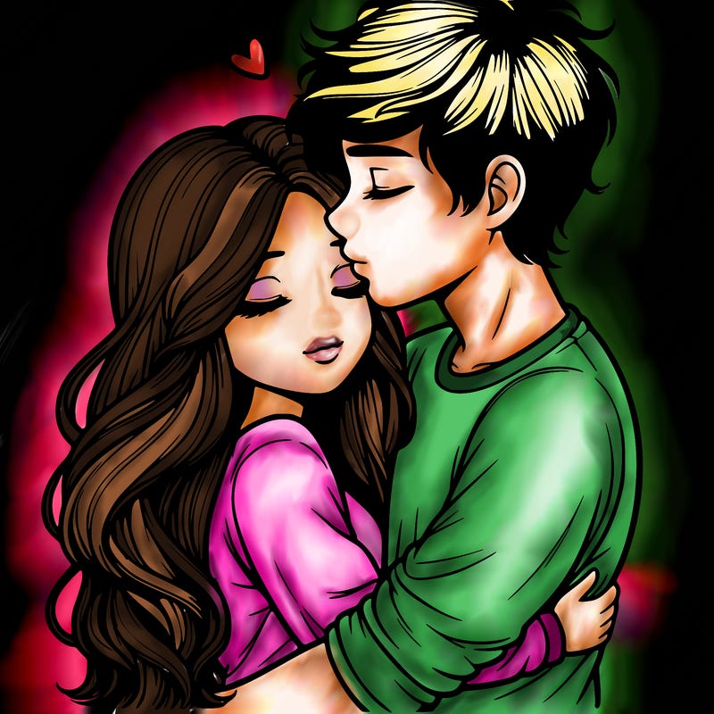 a realistic couple boy and girl hugging and kissing