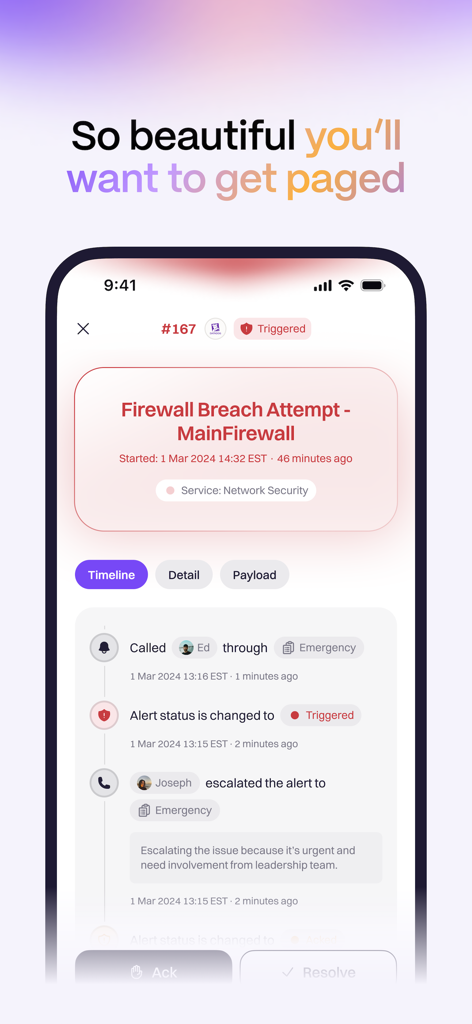 Rootly mobile app interface showing a firewall breach alert timeline with incident management buttons