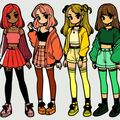 one girl with crop-top shirt and a jacket with a skirt, long socks and another girl with a shirt and pants with a jacket