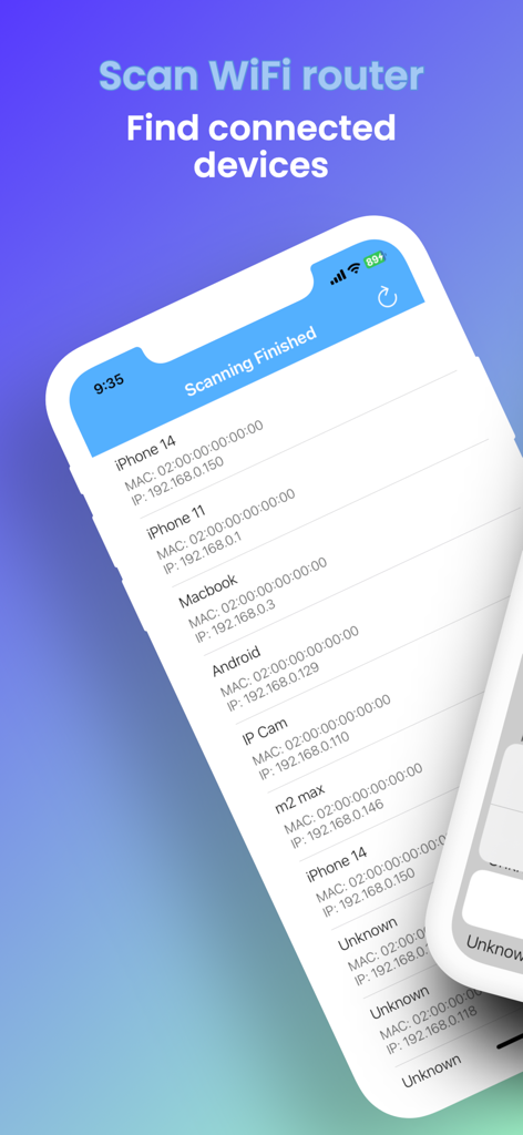 Interface montrant les appareils connectés avec les adresses IP et MAC sur un réseau WiFi