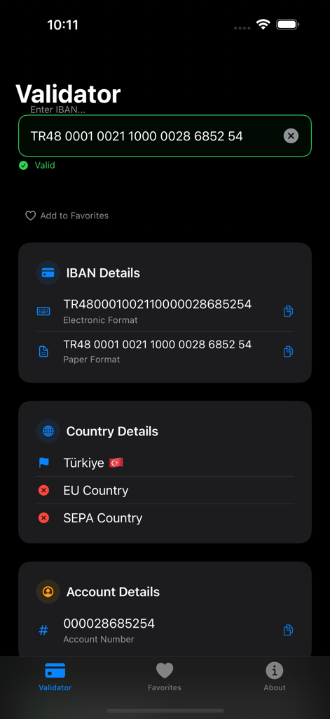 Écran de validation de l'application IBAN Validator affichant les détails d'un IBAN turc vérifié