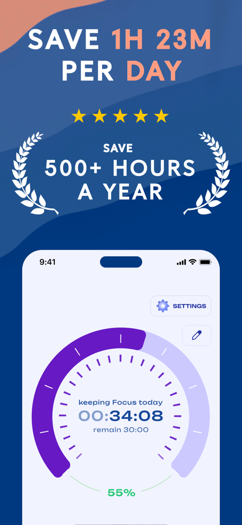 Screen Time Blocker: app Limit - Focus timer screen showing daily and yearly time savings stats