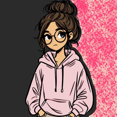 teen girl with a messy bun and glasses wearing a loose hoodie and jeans