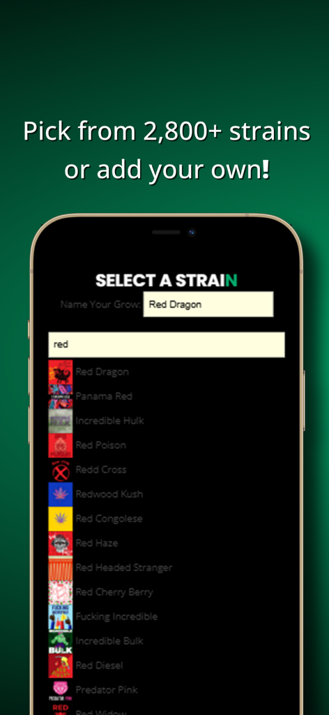 GrowApp | Cannabis App - Mobile Benutzeroberfläche zeigt eine durchsuchbare Bibliothek von über 2800 Cannabissorten mit Auswahlmöglichkeiten.