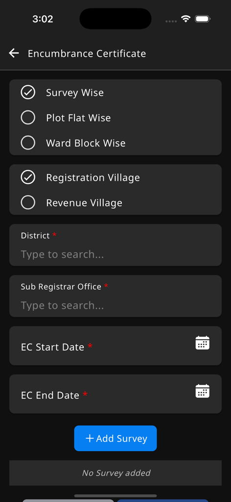 TNREGINET - Encumbrance Certificate search form in the TNREGINET app