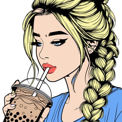 realistic girl drinking boba tea with braided hair