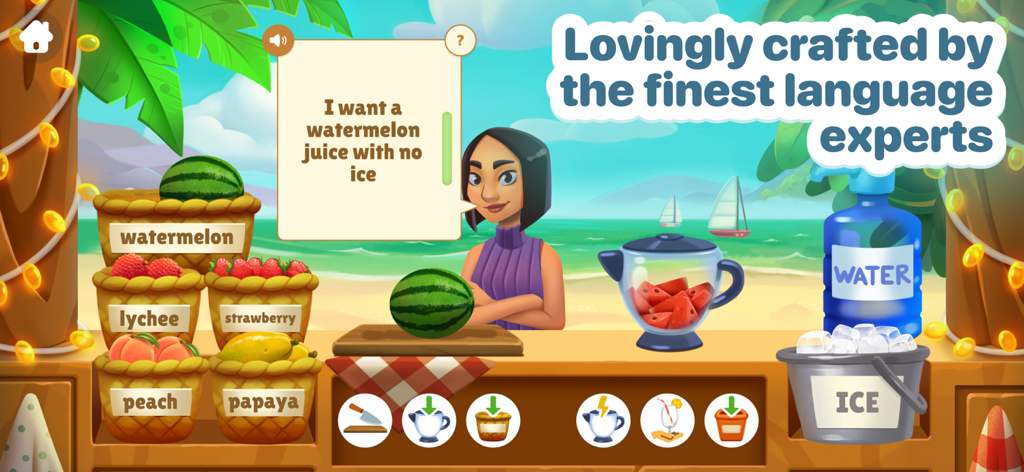 Plingo: English - Educational mini game for kids to learn English vocabulary through a beach juice stand