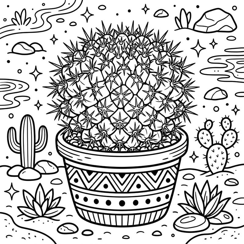 Embrace a moment of calm with this beautiful pincushion cactus coloring template, thoughtfully designed for seniors. Its clear, bold outlines and charming desert scene promise an accessible and enjoyable creative escape.