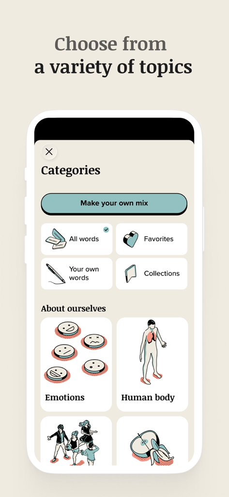 Smartphone screen showing different word categories like Emotions and Human Body in the Vocabulary app.