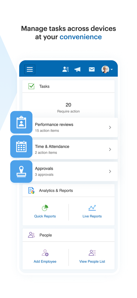 Paychex Flex - Interface of the Paychex Flex app showing HR tasks such as performance reviews, approvals, and employee analytics