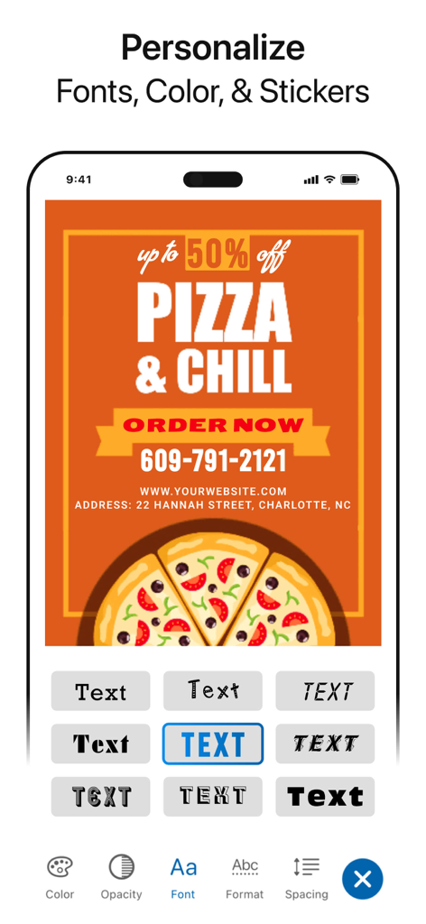 Poster Maker Flyer Maker - Screenshot of the Poster Maker app showing font and color personalization for a pizza delivery flyer.