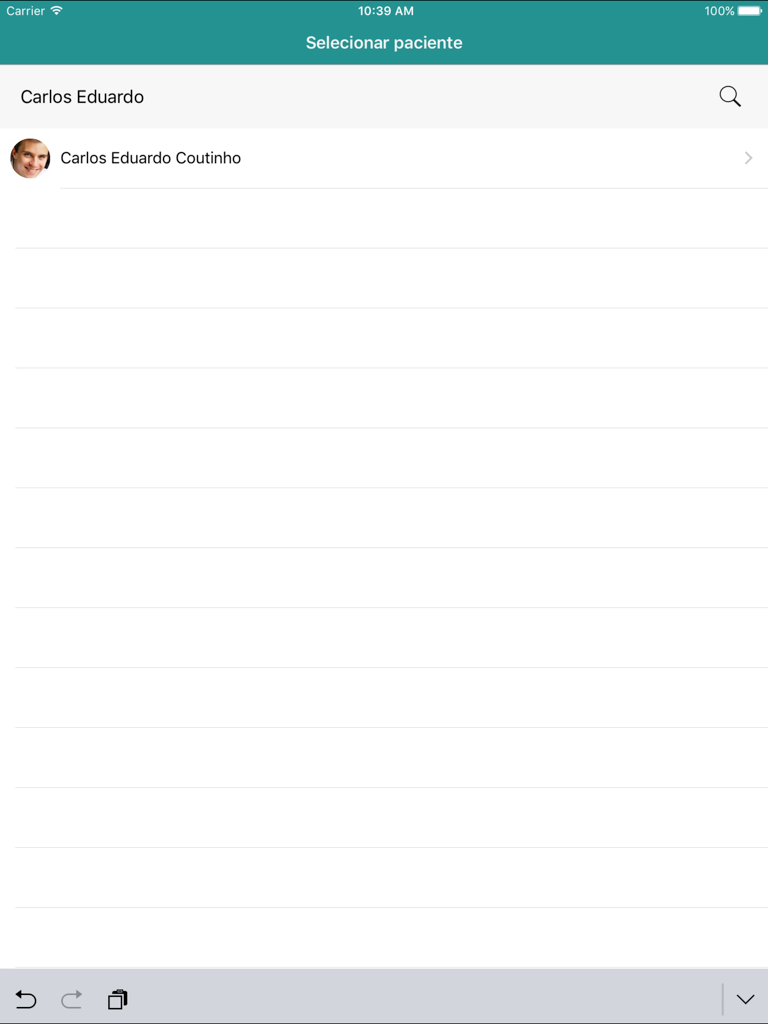 EasyDental Anamnese - Tela do aplicativo EasyDental Anamnese no iPad exibindo uma lista de seleção de pacientes com uma barra de pesquisa