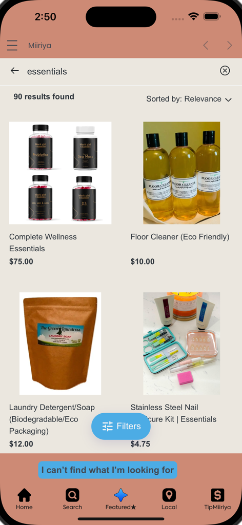 Miiriya - Miiriya app search results for essentials showing products from Black owned businesses like vitamins and eco friendly cleaners